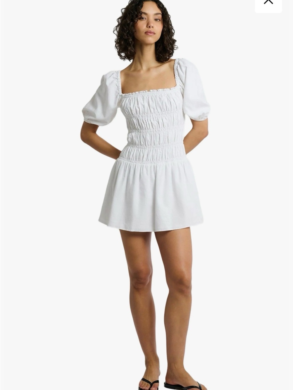 Onia White Smocked Square-Neck Puff-Sleeve Mini Dress